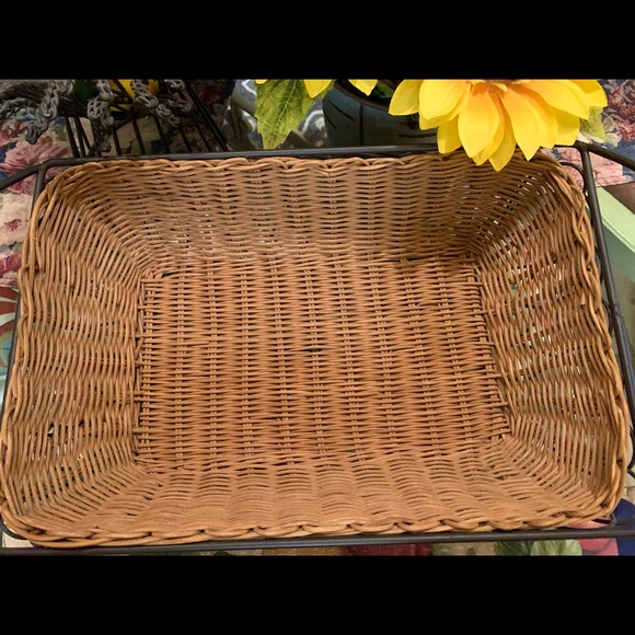 Vintage Hand Woven Reed Basket W/ Black Wrought Iron Stand. Rectangular - Picture 2 of 14